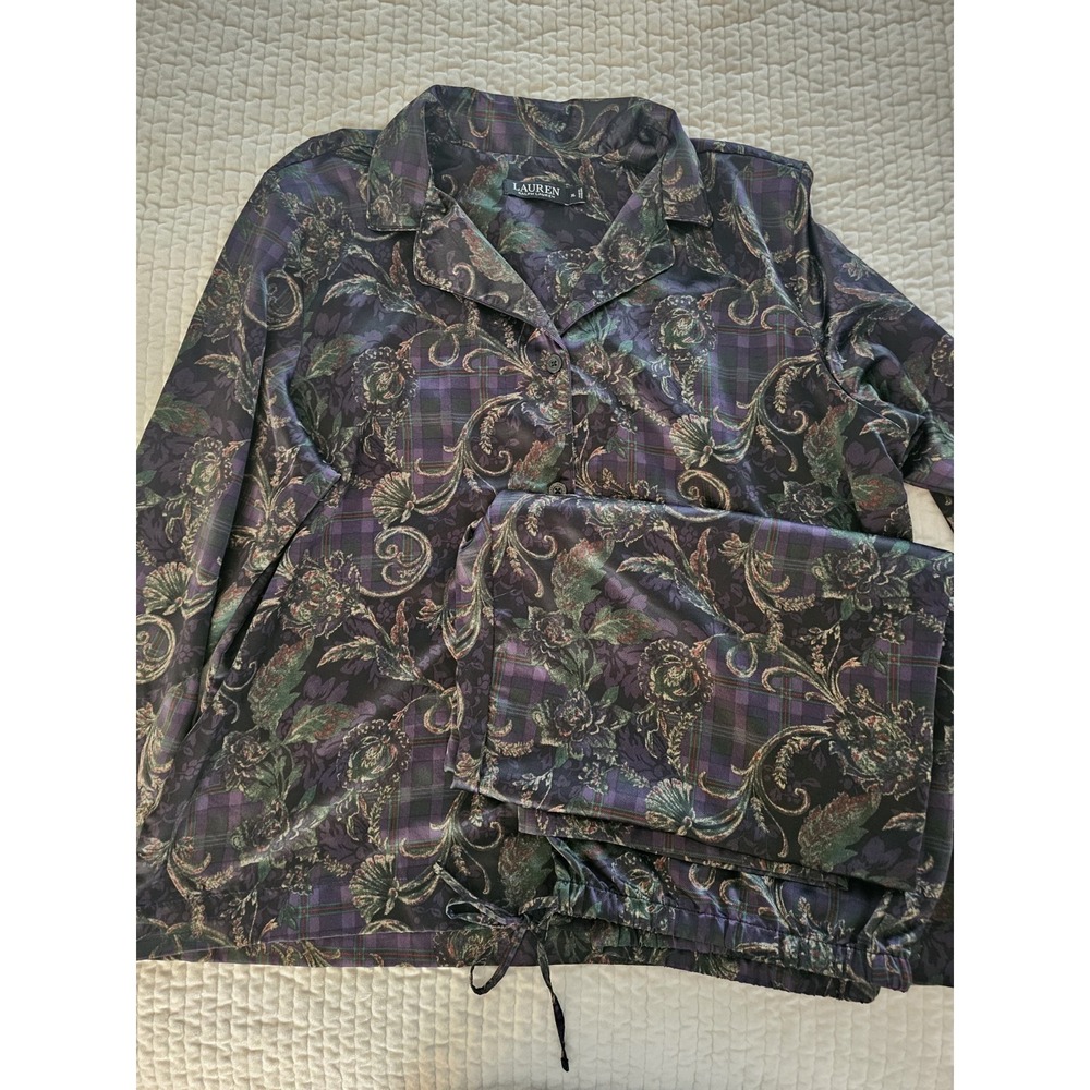 Ralph Lauren Satin Pajamas XL Christmas Plaid And Floral Old Money Preppy